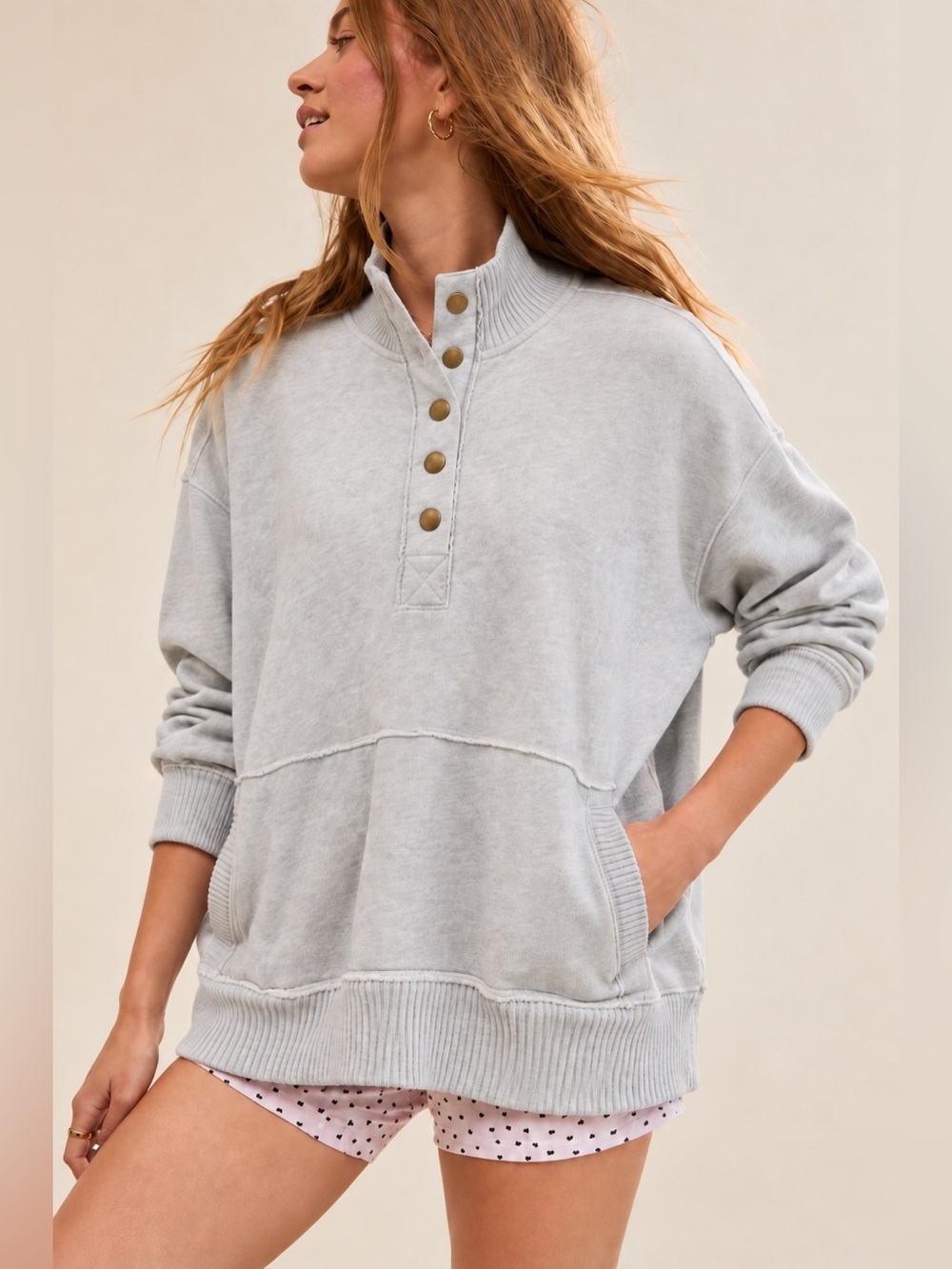 Aerie Oversized Mock Neck Snap Kangaroo Pocket Sweatshirt